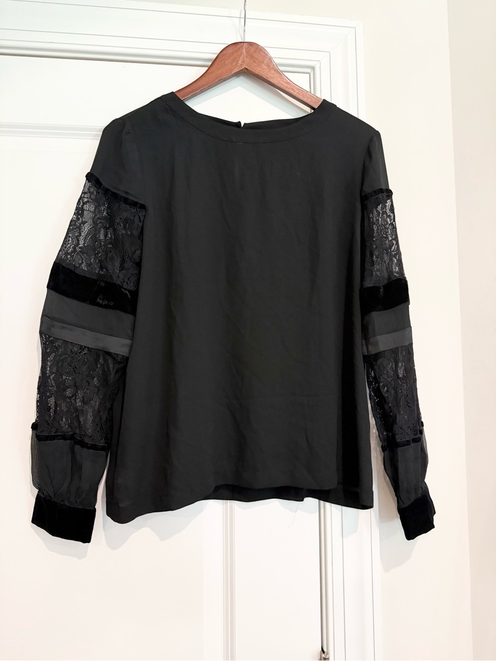 LOFT Black Lace Panel Long-Sleeve Blouse